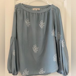 LOFT blue blouse with white floral embroidery detail S
